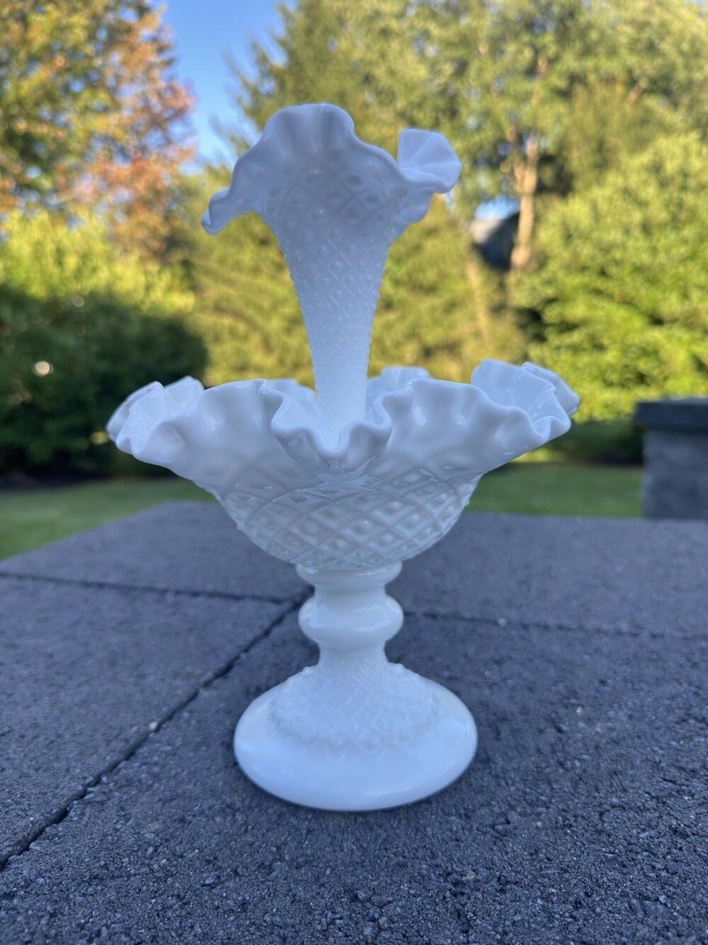 Vintage 1950s Fenton Diamond Lace Milk Glass One Horn Epergne 10.5” Tall